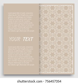 Card, Invitation, cover template design, line art background. Abstract geometric pattern with place for the text. Tribal ethnic ornament in arabic style. Christmas, New Year card decoration'