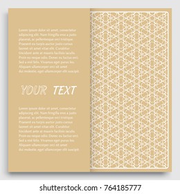 Card, Invitation, cover template design, line art background. Abstract geometric pattern with place for the text. Tribal ethnic ornament in arabic style. Christmas, New Year card decoration'