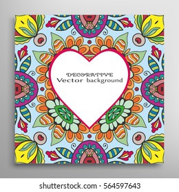 Card or Invitation. Decorative seamless geometric floral doodle pattern and heart frame with place for the text. Template for Wedding, Bridal, Valentine's day, greeting cards or Birthday Invitations.