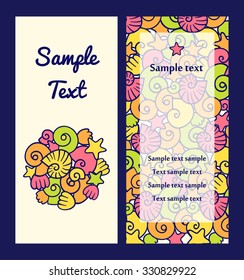 Card or Invitation design with shells and sea stars. Vector pattern.