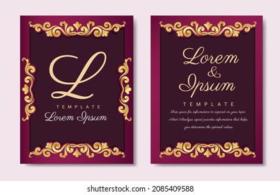 Card invitation, elegant gold floral wedding layout, on Red color background design.