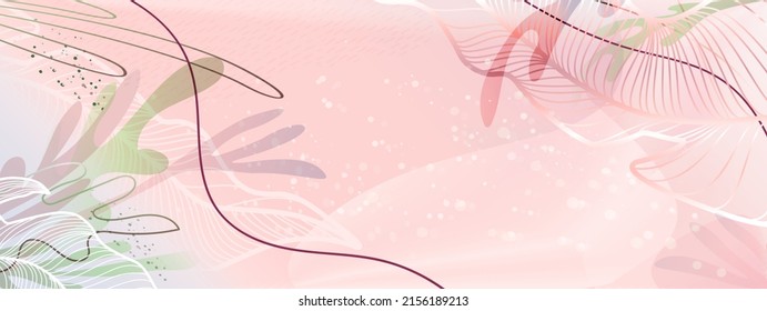 Card, invitation, flyer with a modern abstract pattern of tropical leaves, lines and shapes. Vector illustration in soothing colors.