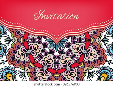 Card or Invitation in a folk style. Vintage decorative hand drawn background. Ornamental geometric floral oriental pattern, vector illustration. Arabic indian turkish chinese motifs.