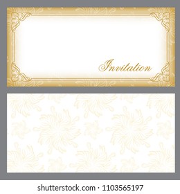 Card for invitation, front and back sides. Rectangular ornate frame with vignettes and floral background. 