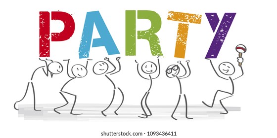 Card invitation with group of dancing people, holding the word Party. Vector illustration