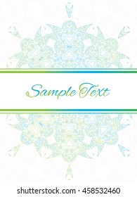 Card or invitation. Hand drawn background. Ornament round decorative elements in blue and green shades, celadon. Oriental zentangle anti-stress therapy pattern, vector illustration. 