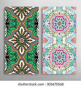 Card or invitation with hand drawn texture, decorative tribal ethnic ornament. Vertical seamless patterns set. Islamic Arabic  Indian motif