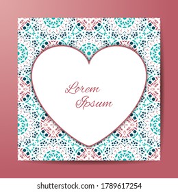 Card or Invitation with Heart and frame of mosaic border. Openwork filigree template for Wedding, Bridal, Valentine's day, greeting cards or Birthday Invitations. Abstract  pattern, heart background.