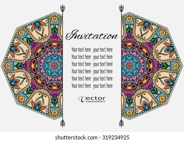 Card or Invitation with Mandala decorative ornament, tribal ethnic arabic indian motif, floral geometric lace pattern. Vintage design elements for fabric or paper print