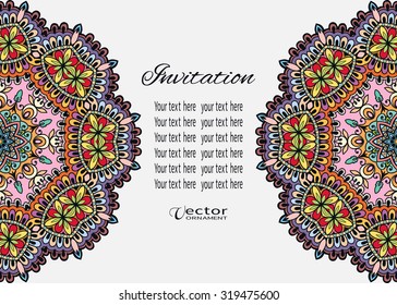 Card or Invitation with Mandala decorative ornament, tribal ethnic arabic indian motif, floral geometric lace pattern. Vintage design elements for fabric or paper print