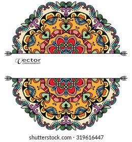 Card or Invitation with Mandala decorative ornament, tribal ethnic Arabic Indian motif, floral geometric lace pattern. Vintage design elements for fabric or paper print