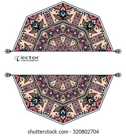 Card or Invitation with Mandala decorative ornament, vintage design elements. Tribal ethnic arabic indian motif, floral geometric lace pattern. Vector abstract background