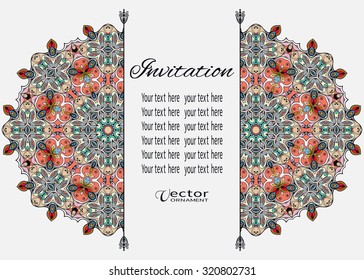 Card or Invitation with Mandala decorative ornament, vintage design elements. Tribal ethnic arabic indian motif, floral geometric lace pattern. Vector abstract background