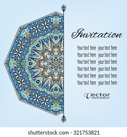 Card or Invitation with Mandala decorative ornament element, tribal ethnic round motif, vintage floral geometric pattern for wedding birthday greeting cards design