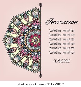 Card or Invitation with Mandala decorative ornament element, tribal ethnic round motif, vintage floral geometric pattern for wedding birthday greeting cards design
