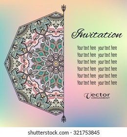 Card or Invitation with Mandala decorative ornament element, tribal ethnic round motif, vintage floral geometric pattern for wedding birthday greeting cards design