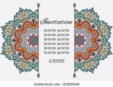 Card or Invitation with Mandala decorative ornament elements, tribal ethnic arabic indian motif, floral geometric lace pattern. Colorful abstract background