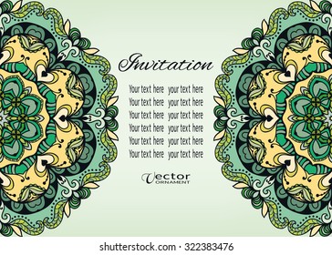 Card or Invitation with Mandala decorative ornament elements, tribal ethnic arabic indian motif, floral geometric lace pattern. Colorful abstract background
