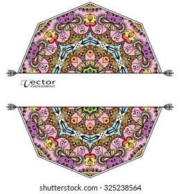 Card or Invitation with Mandala decorative ornament elements, tribal ethnic arabic indian motif, floral geometric lace pattern. Colorful abstract background