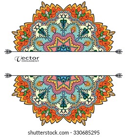 Card or Invitation with Mandala decorative ornament elements, tribal ethnic arabic indian motif, floral geometric lace pattern. Colorful abstract background