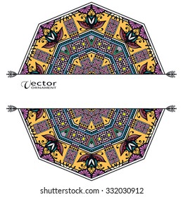 Card or Invitation with Mandala decorative ornament elements, tribal ethnic arabic indian motif, floral geometric lace pattern. Colorful abstract background