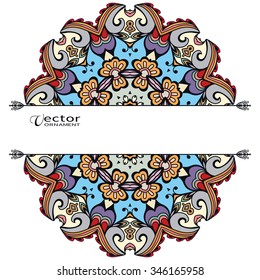 Card or Invitation with Mandala decorative ornament elements, tribal ethnic arabic indian motif, floral geometric lace pattern. Colorful abstract background