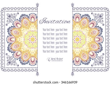 Card or Invitation with Mandala decorative ornament elements, tribal ethnic arabic indian motif, floral geometric lace pattern. Colorful abstract background