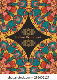 Card or invitation with multicolor pattern. Hand-drawn  highly detailed round elements. Vector vintage decorative elements. Islam, Arabic, Indian, Turkish, Ottoman, Pakistan motifs.