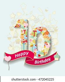 Card invitation with  number and ribbon. Happy Birthday 10 year
