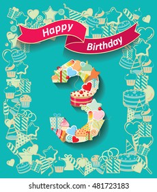 Card invitation with number and ribbon. Happy Birthday 3 year