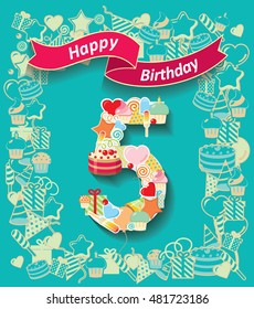 Card invitation with number and ribbon. Happy Birthday 5 year