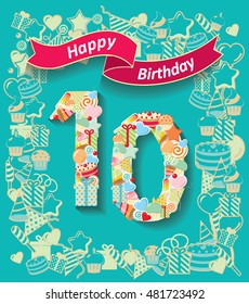 Card invitation with number and ribbon. Happy Birthday 10 year