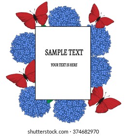 The card or invitation on the hydrangea flowers and butterflies pattern