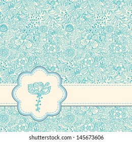 Card or invitation on seamless pattern in blue colors. Beautiful vector background with many details.