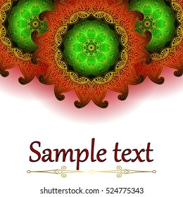 Card or invitation with oriental pattern in Indian, Arabic, Islamic, Turkish style, with a circular floral ornament.