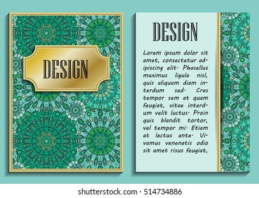 Card or invitation in oriental style with eastern floral mandalas ornament. Islam, Arabic, Indian, ottoman, chinese, japanese motifs in green and gold colors.