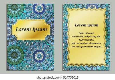 Card or invitation in oriental style with eastern floral mandalas ornament. Islam, Arabic, Indian, ottoman, chinese, japanese motifs in blue and gold colors.
