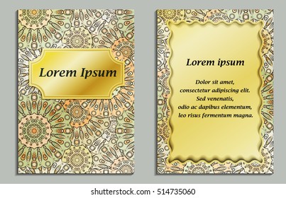 Card or invitation in oriental style with eastern floral mandalas ornament. Islam, Arabic, Indian, ottoman, chinese, japanese motifs in gold colors