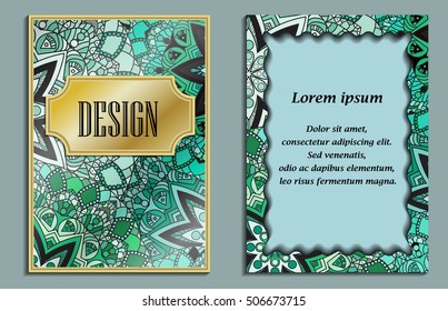 Card or invitation in oriental style with green mandalas ornament. Islam, Arabic, Indian, ottoman motifs in lilac and gold colors.