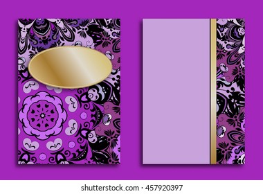 Card or invitation in oriental style with violet mandalas ornament. Islam, Arabic, Indian, ottoman motifs in lilac and gold colors.