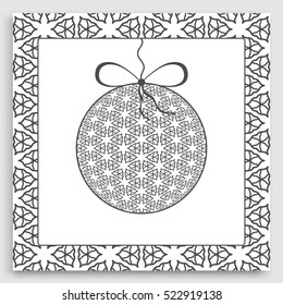 Card or Invitation with ornate Christmas ball and frame border pattern. Happy New Year 2017. Vector geometric line ornament, isolated elements for cards, posters design. Lace frame border pattern