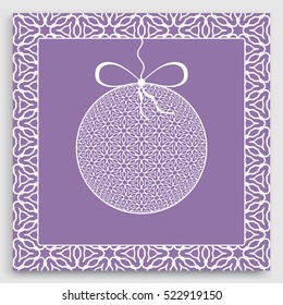 Card or Invitation with ornate Christmas ball and frame border pattern. Happy New Year 2017. Vector geometric line ornament, isolated elements for cards, posters design. Lace frame border pattern
