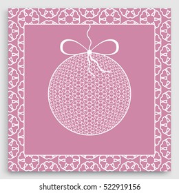 Card or Invitation with ornate Christmas ball and frame border pattern. Happy New Year 2017. Vector geometric line ornament, isolated elements for cards, posters design. Lace frame border pattern