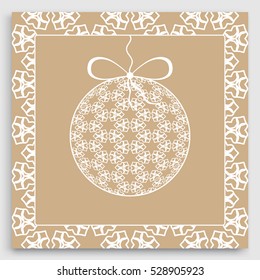 Card or Invitation with ornate Christmas ball and lace frame border pattern. New Year 2017. Isolated design elements. Cut out paper card, line pattern. Decorative holidays background