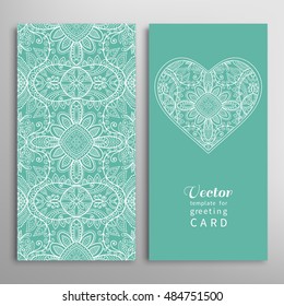 Card or Invitation. Ornate heart background and vertical seamless geometric lace pattern. Vector template for Wedding, Bridal, Valentine's day, greeting cards, Birthday Invitations.