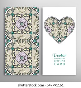 Card or Invitation. Ornate heart background and vertical seamless geometric pattern with repeating texture. Vector template for Wedding, Bridal, Valentine's day, greeting cards, Birthday Invitations.