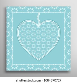 Card or Invitation with ornate lace Heart and frame. Openwork filigree template for Wedding, Bridal, Valentine's day, greeting cards or Birthday Invitations. Abstract line pattern, heart background