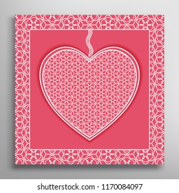 Card or Invitation with ornate lace Heart and frame. Openwork filigree template for Wedding, Bridal, Valentine's day, greeting cards or Birthday Invitations. Abstract line pattern, heart background