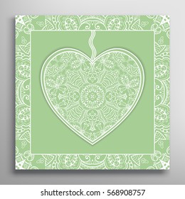 Card or Invitation with ornate lace Heart and frame. Openwork filigree template for Wedding, Bridal, Valentine's day, greeting cards or Birthday Invitations. Abstract line pattern, heart background