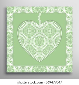 Card or Invitation with ornate lace Heart and frame. Openwork filigree template for Wedding, Bridal, Valentine's day, greeting cards or Birthday Invitations. Abstract line pattern, heart background